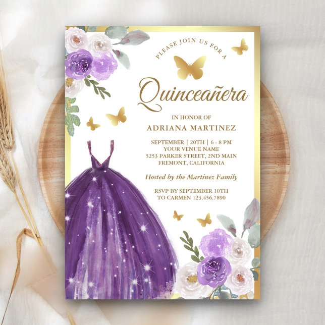 Invitación Vestido púrpura Mariposa Floral Oro Quinceanera (Subido por el creador)