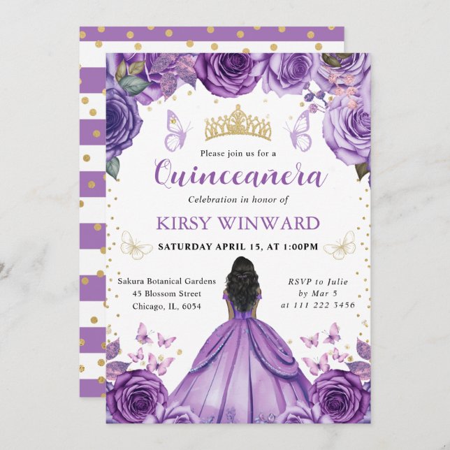 Invitación Vestido púrpura Princesa de Piel Oscura Quinceaner (Anverso / Reverso)