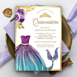 Invitación Vestido Purpura Verde Azul Cola de Sirena Quinceañ