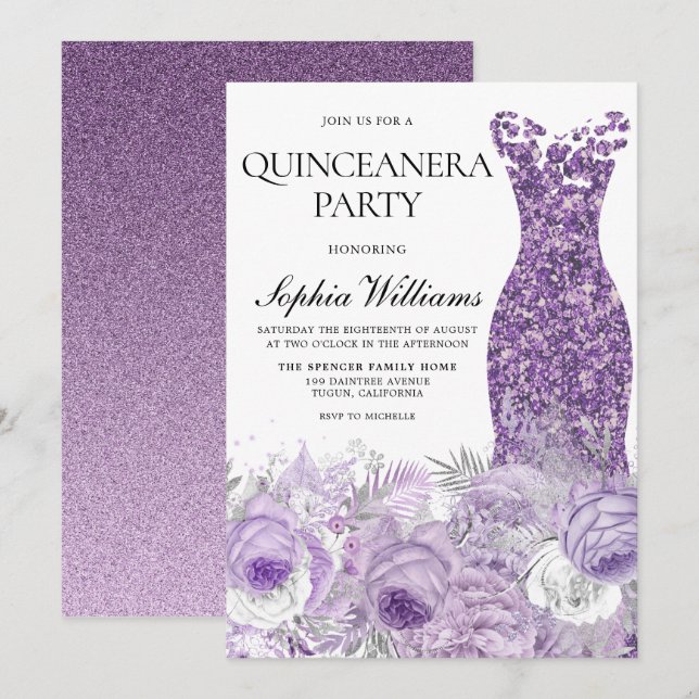Invitación Vestido púrpura y Fiesta floral Quinceanera (Anverso / Reverso)