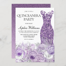 Invitación Vestido púrpura y Fiesta floral Quinceanera