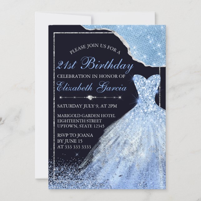 Invitación Vestido Purpurina azul claro y Glam Edge 21 cumple (Anverso)