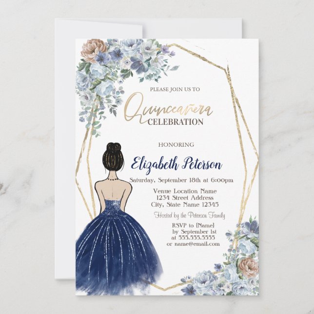 Invitación Vestido Purpurina azul de la marina, flores azules (Anverso)