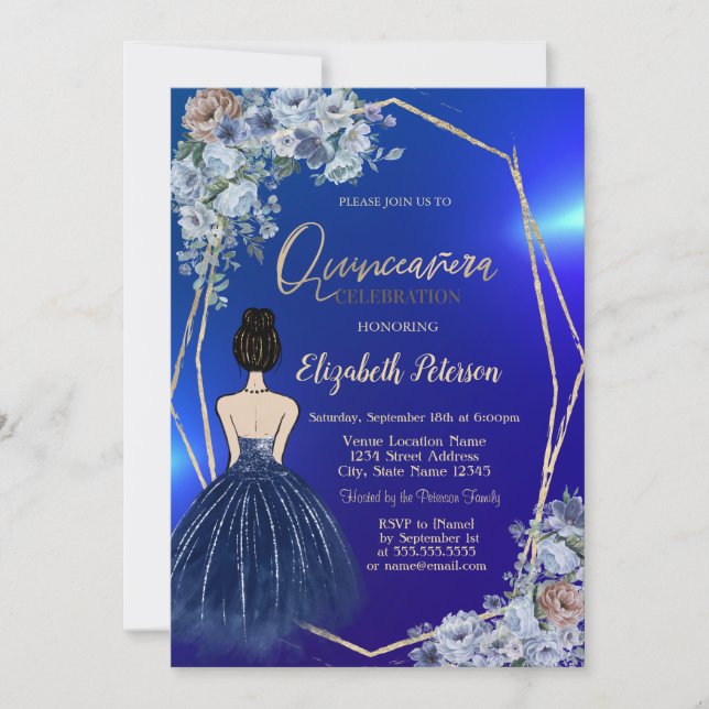 Invitación Vestido Purpurina azul de la marina, flores azules (Anverso)