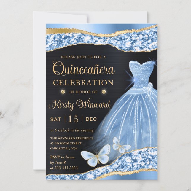 Invitación Vestido Purpurina azul y dorado Quinceanera (Anverso)