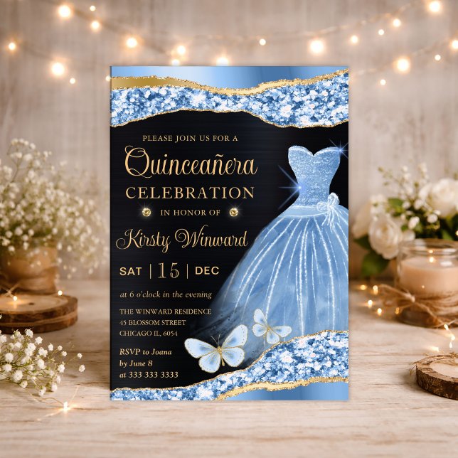 Invitación Vestido Purpurina azul y dorado Quinceanera (Subido por el creador)