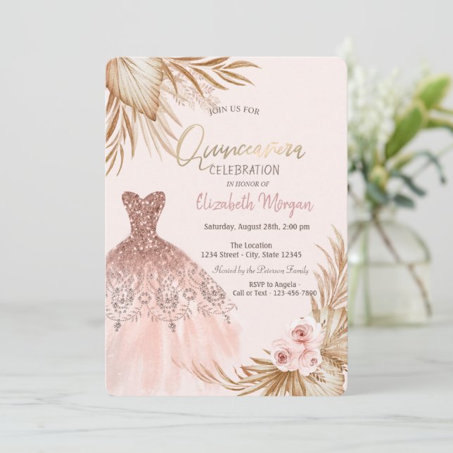 Invitación Vestido Purpurina Boho Flores Quinceañera (Anverso de pie)