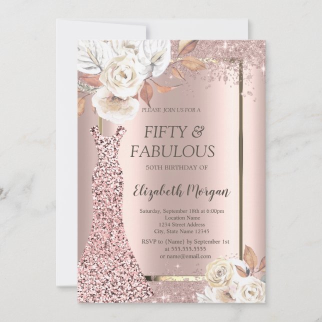 Invitación Vestido Purpurina Confetti Flores de otoño 50 (Anverso)