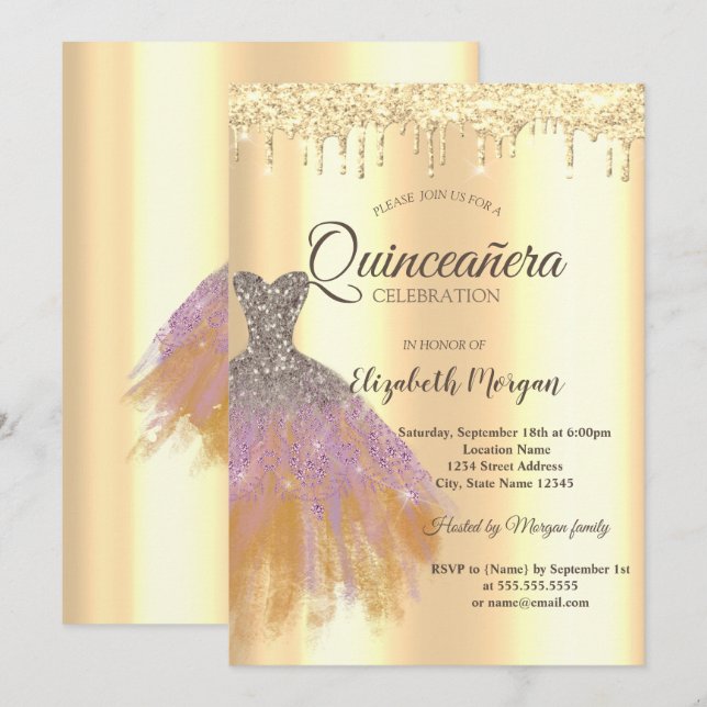 Invitación Vestido Purpurina de moda, Perforaciones de oro Qu (Anverso / Reverso)