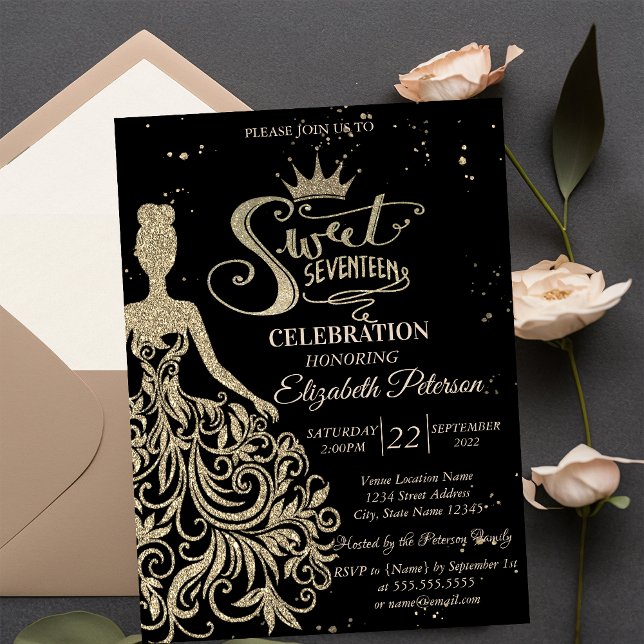 Invitación Vestido Purpurina de oro, Confetti Black Quinceañe (Subido por el creador)