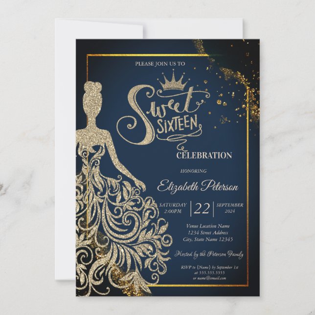 Invitación Vestido Purpurina de oro de moda, dulce azul de la (Anverso)
