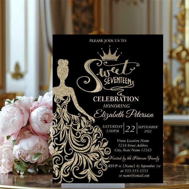 Invitación Vestido Purpurina de oro de moda, Quinceañera negr (Subido por el creador)