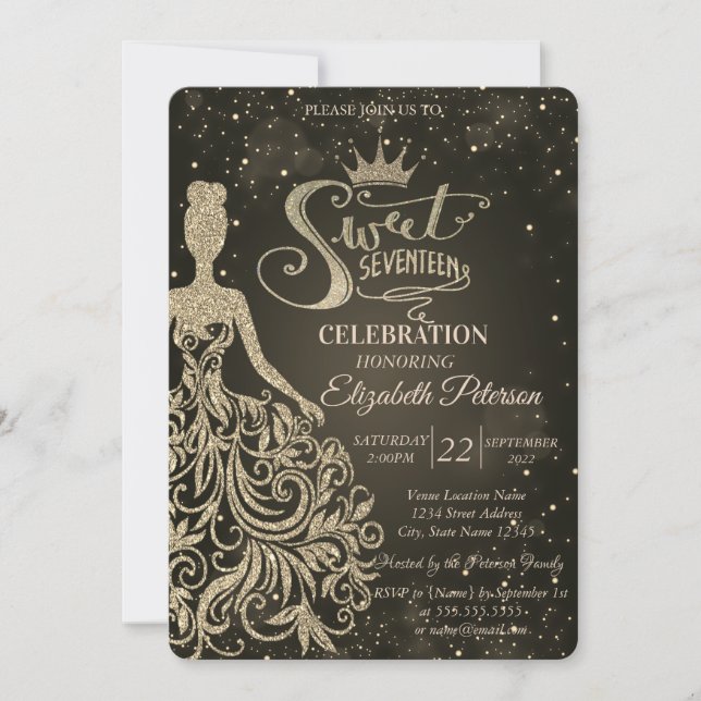 Invitación Vestido Purpurina de oro de moda, Tiara Quinceañer (Anverso)