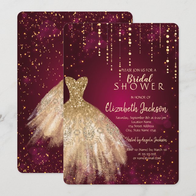 Invitación Vestido Purpurina de oro, ducha de novia de Confet (Anverso / Reverso)