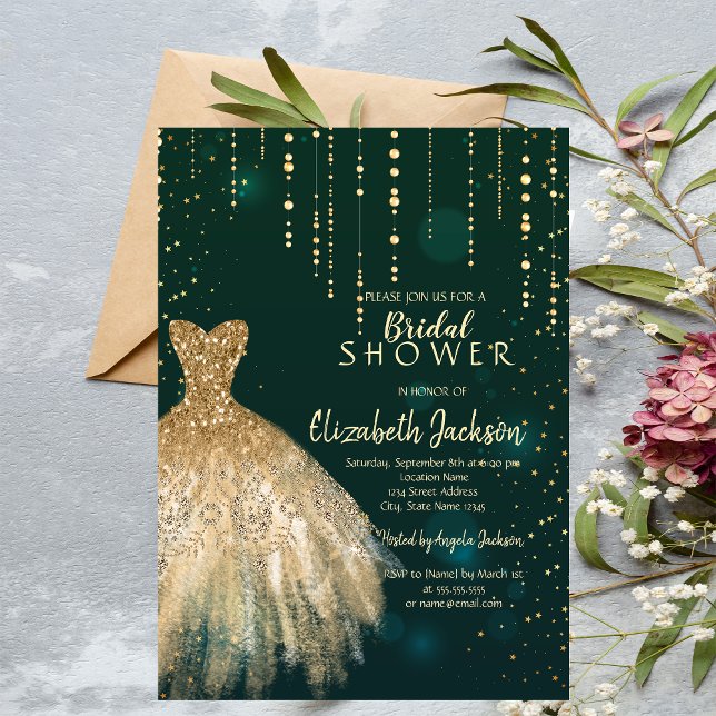 Invitación Vestido Purpurina de oro, ducha de novia verde con (Subido por el creador)