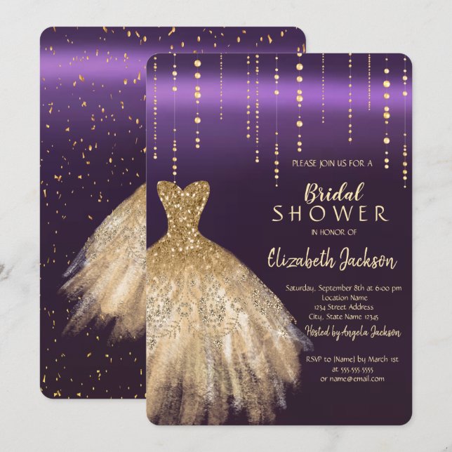 Invitación Vestido Purpurina de oro, ducha violeta de confett (Anverso / Reverso)