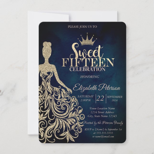 Invitación Vestido Purpurina de oro, dulce azul de la Marina  (Anverso)
