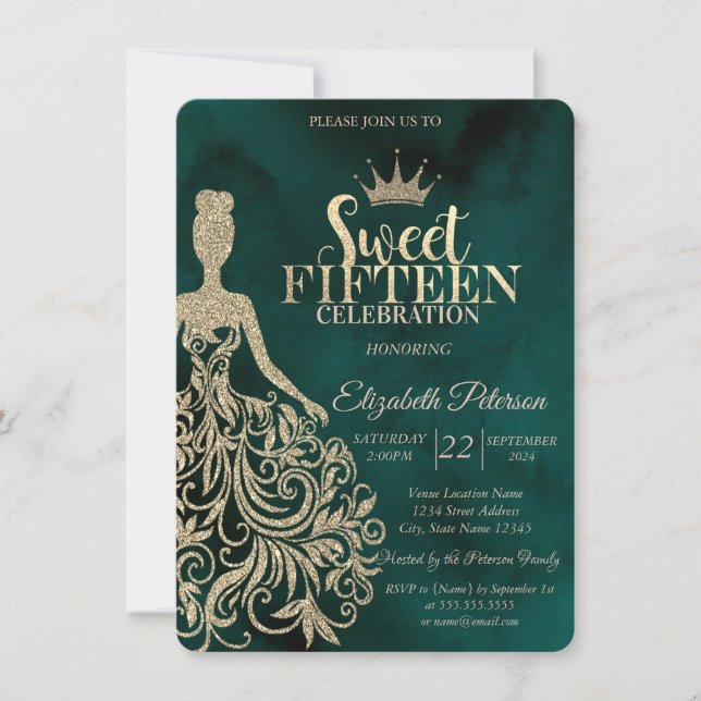 Invitación Vestido Purpurina de oro, dulce verde de diamantes (Anverso)