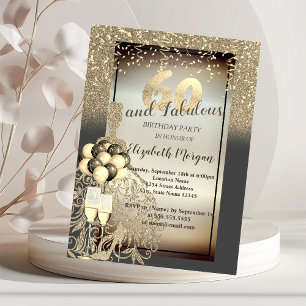 Invitación Vestido Purpurina de oro, globos, fiesta de cumple