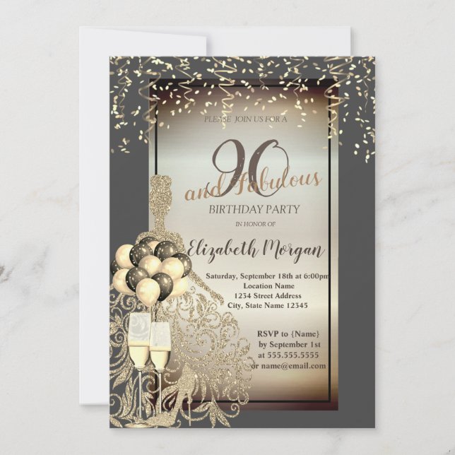 Invitación Vestido Purpurina de oro, globos, fiesta de cumple (Anverso)