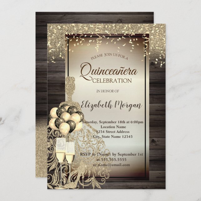 Invitación Vestido Purpurina de oro, globos, Quinceanera de m (Anverso / Reverso)