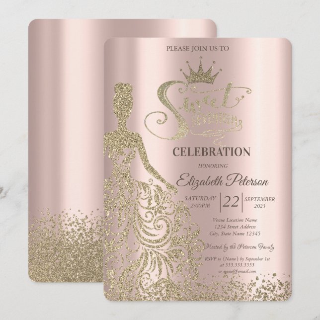 Invitación Vestido Purpurina de oro, Rosa de diamantes Dulce  (Anverso / Reverso)
