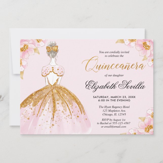 Invitación Vestido purpurina de oro rosa Quinceanera (Anverso)
