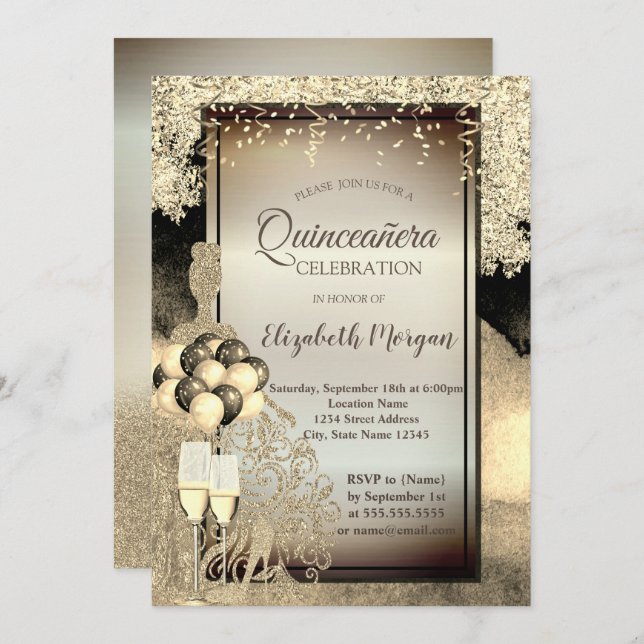 Invitación Vestido Purpurina de oro, tacones, celebración de  (Anverso / Reverso)