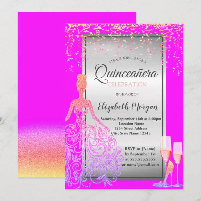 Invitación Vestido Purpurina de oro, talones, quinceañera ros (Anverso / Reverso)