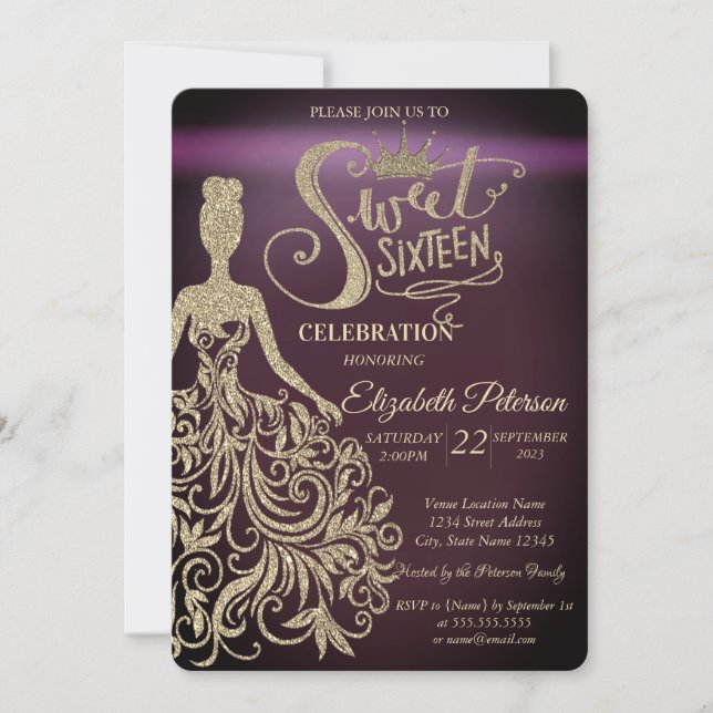 Invitación Vestido Purpurina de oro, tiara borgoña dulce 16 (Anverso)