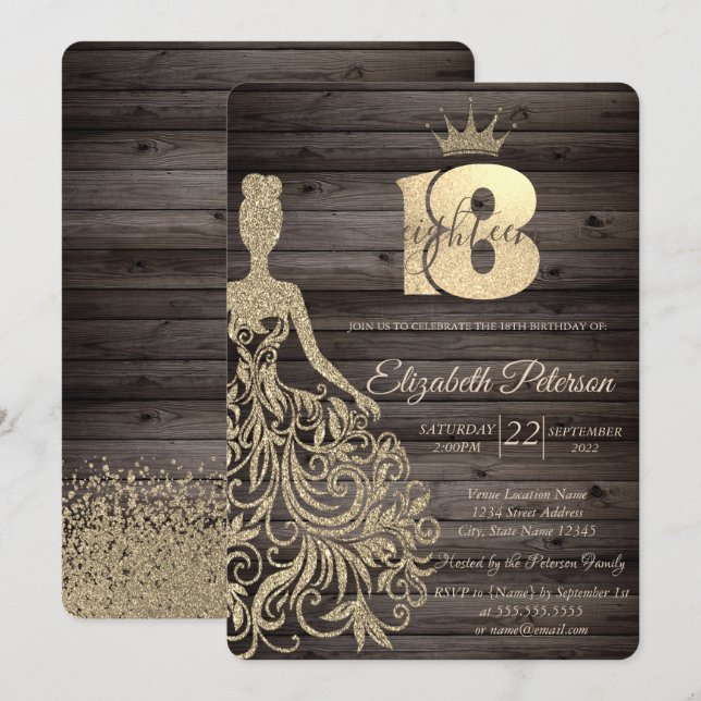 Invitación Vestido Purpurina de oro, Tiara, cumpleaños 18 de  (Anverso / Reverso)