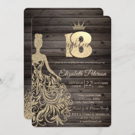 Invitación Vestido Purpurina de oro, Tiara, cumpleaños 18 de 