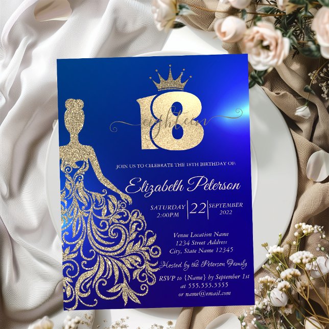 Invitación Vestido Purpurina de oro, Tiara, cumpleaños número (Subido por el creador)