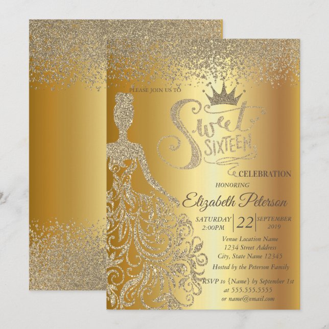 Invitación Vestido Purpurina de oro, Tiara, Diamantes dulce 1 (Anverso / Reverso)