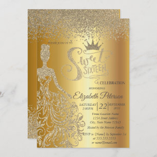 Invitación Vestido Purpurina de oro, Tiara, Diamantes dulce 1