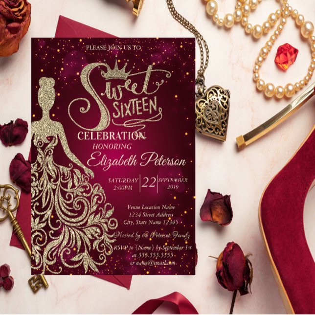 Invitación Vestido Purpurina de oro, Tiara, Diamantes dulce 1 (Subido por el creador)