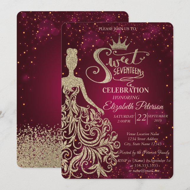 Invitación Vestido Purpurina de oro, Tiara, Diamantes dulce 1 (Anverso / Reverso)