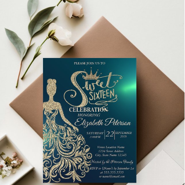 Invitación Vestido Purpurina de oro, Tiara, Diamantes Dulce V (Subido por el creador)