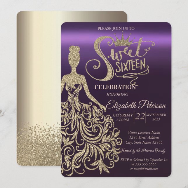 Invitación Vestido Purpurina de oro, Tiara, Diamantes púrpura (Anverso / Reverso)