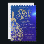 Invitación Vestido Purpurina de oro, Tiara, Diamonds Blue Swe<br><div class="desc">Purpurina de oro tiara,  vestido y diamantes Invitación a la fiesta de 16 cumpleaños.</div>