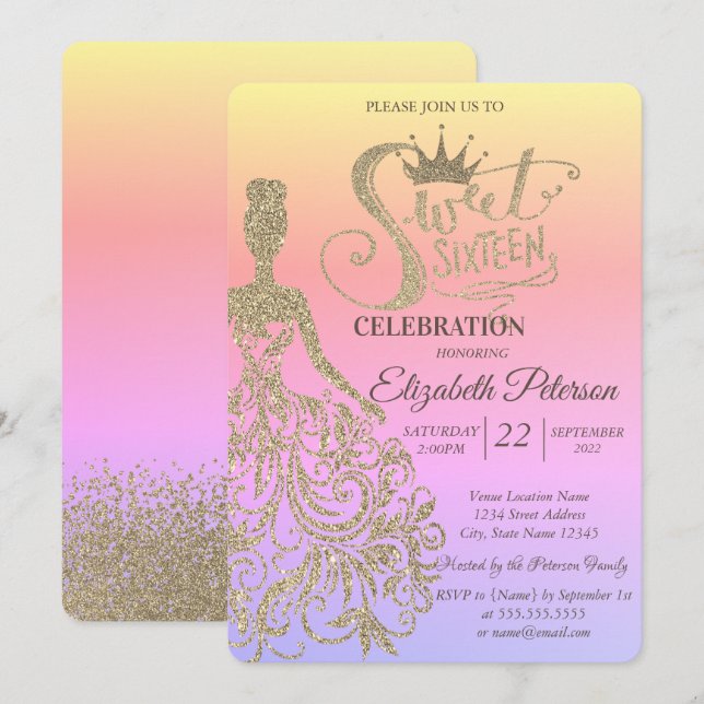 Invitación Vestido Purpurina de oro, Tiara, Diamonds Ombre du (Anverso / Reverso)