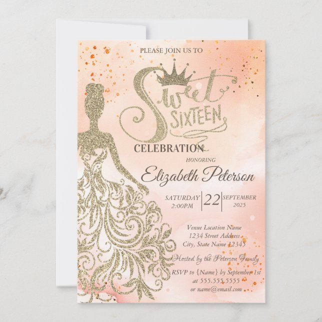 Invitación Vestido Purpurina de oro, tiara, dulce naranja acu (Anverso)