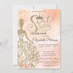Invitación Vestido Purpurina de oro, tiara, dulce naranja acu