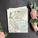 Invitación Vestido Purpurina de oro, Tiara, Dulce verde acuát<br><div class="desc">Purpurina de oro tiara,  vestido y diamantes Invitación a la fiesta de 16 cumpleaños.</div>