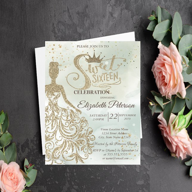 Invitación Vestido Purpurina de oro, Tiara, Dulce verde acuát (Subido por el creador)