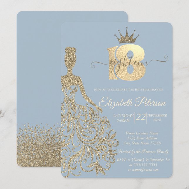 Invitación Vestido Purpurina de oro, Tiara, Dusty Blue 18º cu (Anverso / Reverso)