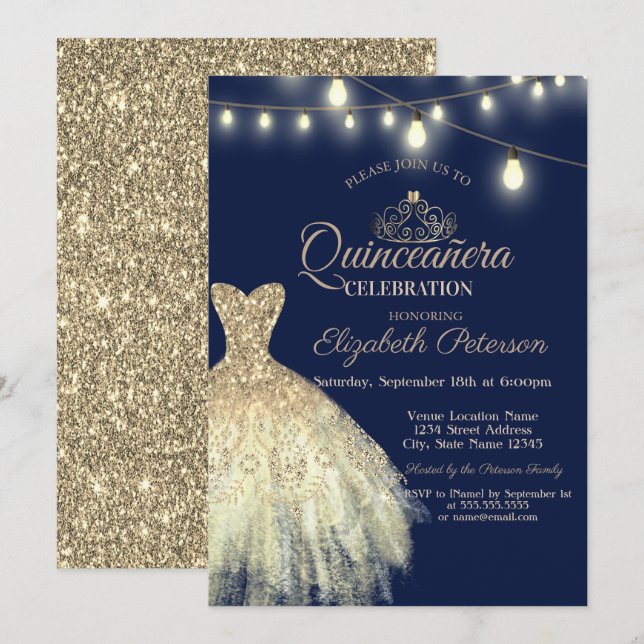 Invitación Vestido Purpurina de oro, Tiara Quinceañera (Anverso / Reverso)
