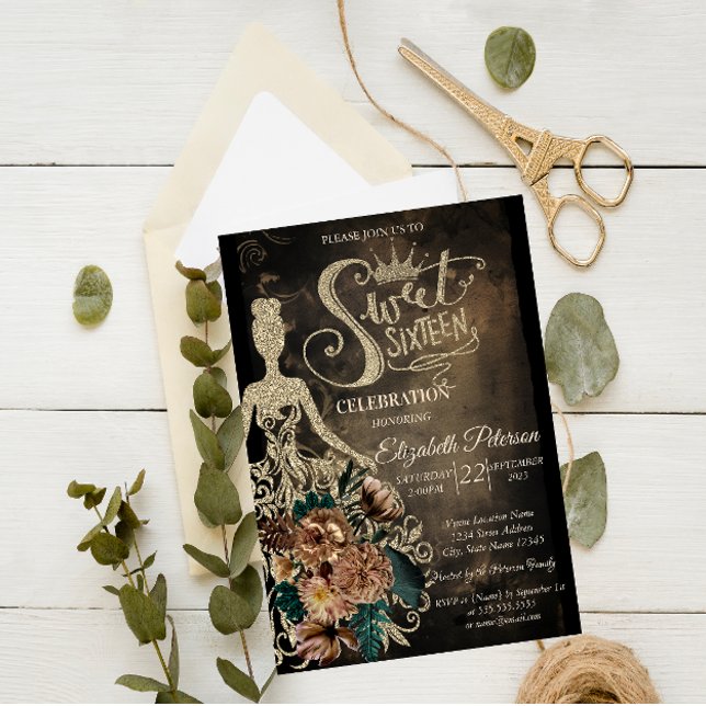 Invitación Vestido Purpurina de oro, Tiara, Rosas Dulce Gótic (Subido por el creador)