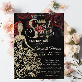 Invitación Vestido Purpurina de oro, Tiara, Rosas Rojas Gótic