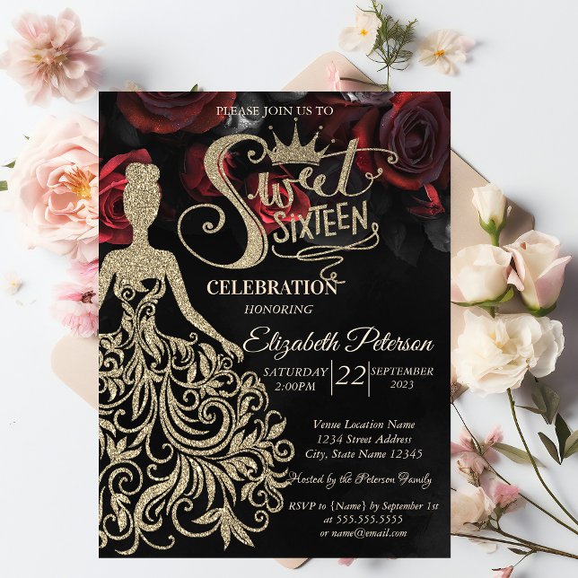 Invitación Vestido Purpurina de oro, Tiara, Rosas Rojas Gótic (Subido por el creador)